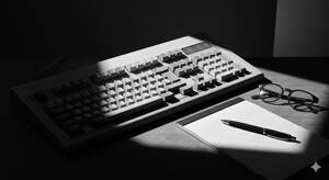 An old fashioned computer keyboard on a desk with a notepad and a pair of spectacles beside it.